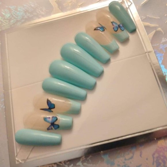 Cyan/blue/green butterfly  luxury press on nails - Picture 5 of 5
